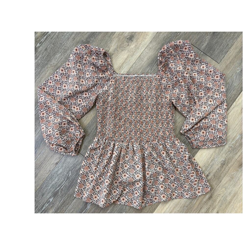 Hayden Smocked Floral Peplum Blouse Large Boho Puff Sleeve